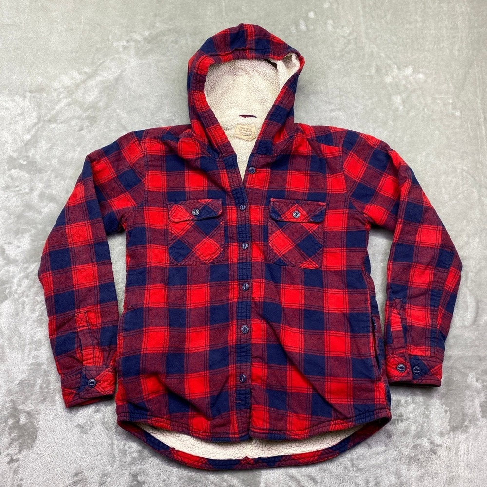 Boston Traders Red Navy Plaid Sherpa Lined Hooded Flannel Shirt Jacket Women S
